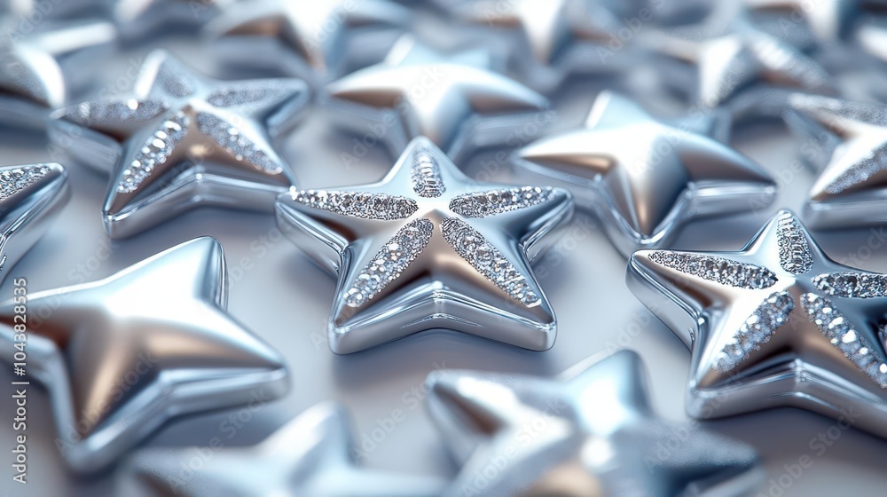 elegant silver starshaped jewels depicted in a minimalist style against a pure white background emphasizing their shine and intricate details perfect for festive or decorative themes elegant silver starshaped jewels depicted in a minimalist style against a pure white background emphasizing their shine and intricate details perfect for festive or decorative themes