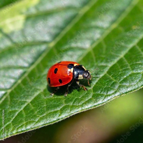 A macro shot of a ladybug on a leaf, with deep focus highlighting the fine details of its spots, the texture of its shell, and the leaf's surface, all while maintaining a sharp focus on the insect