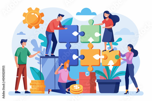 Corporate teamwork and problem-solving concept, illustrated with professionals collaborating on a giant puzzle, representing success, leadership, and business strategy.