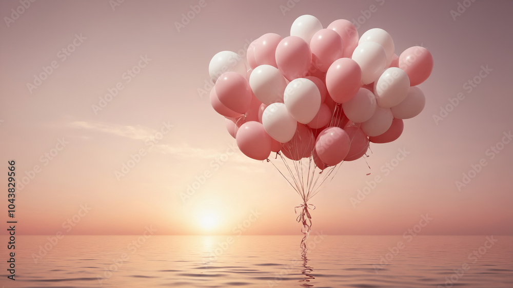 Fototapeta premium decorative pink and white balloons under sea water in sunset time