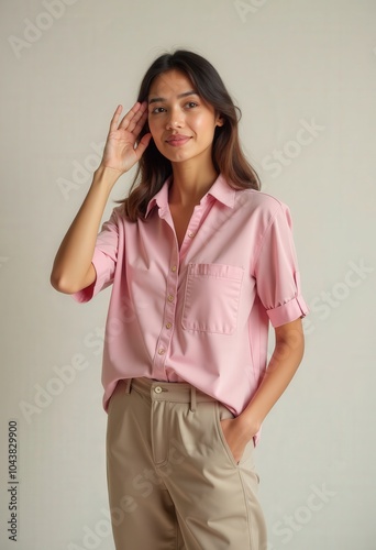 Young Woman in Pink Shirt and Khaki Pants .