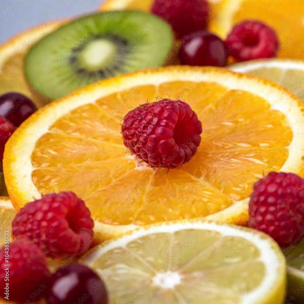 close-up of a mixed fruit display with slices of citrus fruits like oranges and lemons, and berries, using rack focus to emphasize one type of fruit while the others are blurred close-up of a mixed fruit display with slices of citrus fruits like oranges and lemons, and berries, using rack focus to emphasize one type of fruit while the others are blurred
