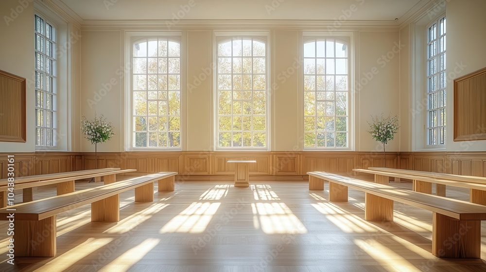 Obraz premium empty courtroom with polished wooden benches and a large window creating an atmosphere of solemnity and justice inviting contemplation and reflection