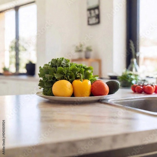 Long Shot of a Bright, Sunlit Kitchen with Fresh Ingredients: A low-angle photo of a bright kitchen bathed in natural sunlight, with fresh ingredients on the counter. Shallow focus emphasizes the