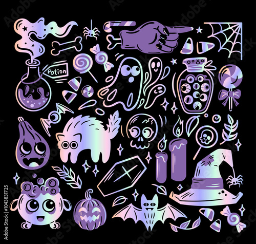 Metallic Y2k holographic Halloween sticker. Shiny gradient, 2000s style foil. Aesthetics of the 90s, 00s. various Set of vector illustrations in sketch style. Potion, skull, zombie, witch hat, ghosts