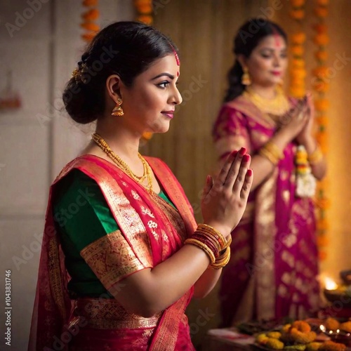 Produce an image of a Diwali prayer ceremony with a female adult, using a full shot and deep focus to clearly depict the entire scene. The Dutch angle introduces a creative tilt, adding depth and photo