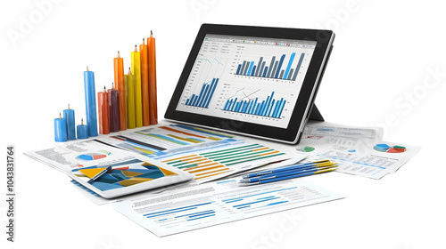 iPad displaying statistical data alongside pencils and papers on a desk, showcasing a dynamic workspace focused on analysis and planning, conveying a sense of organization and productivity.