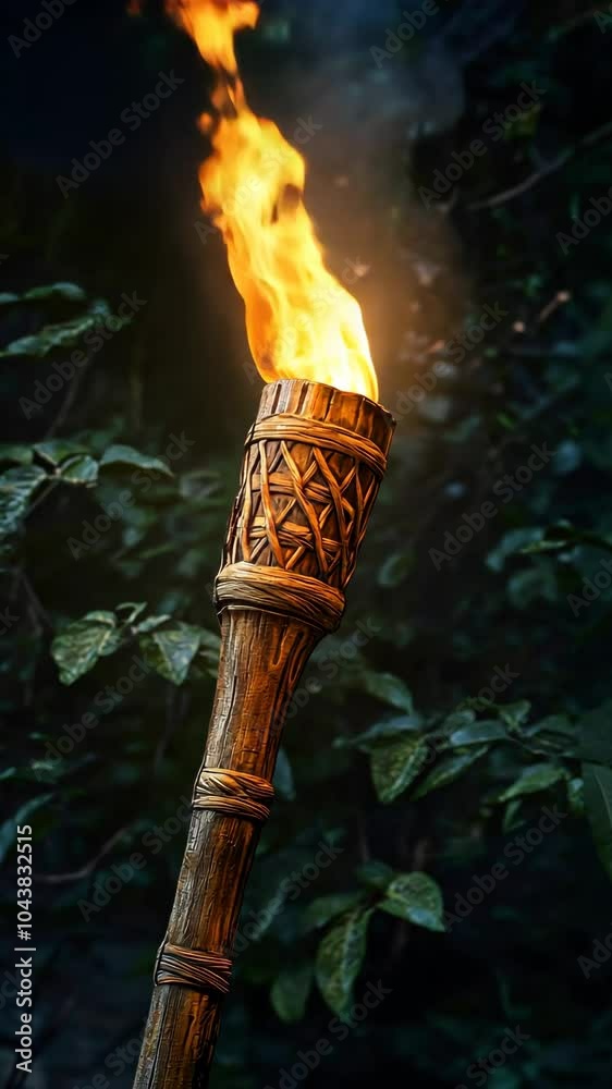 Burning tiki torch in a jungle setting