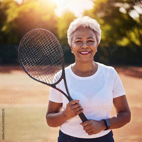 A powerful portrait of a multiracial elderly female tennis player with grey hair, standing on the court. She holds her racket up high, showing off her toned arms, symbolizing strength and resilience.