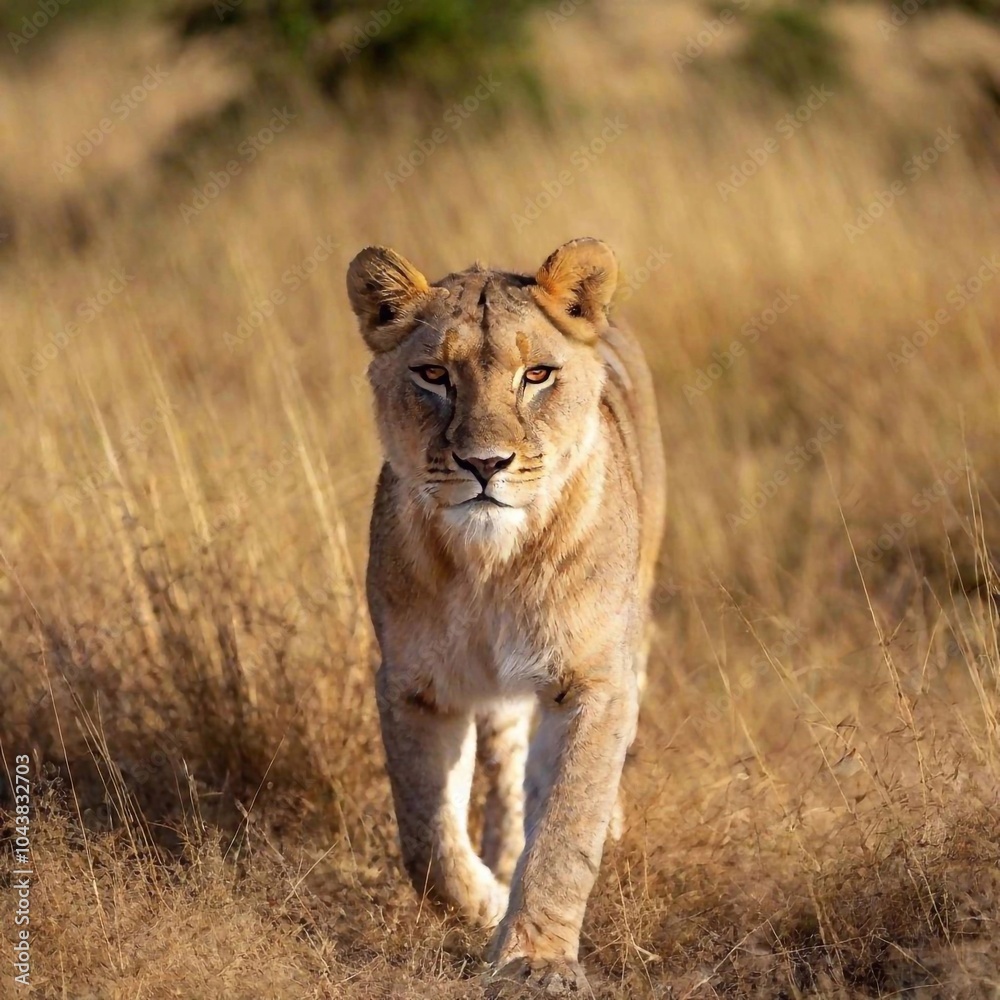 A full shot photo of a lioness walking confidently through tall golden grass, deep focus on the movement of its muscles and fur, low-angle shot that makes the lion appear larger and more imposing A full shot photo of a lioness walking confidently through tall golden grass, deep focus on the movement of its muscles and fur, low-angle shot that makes the lion appear larger and more imposing