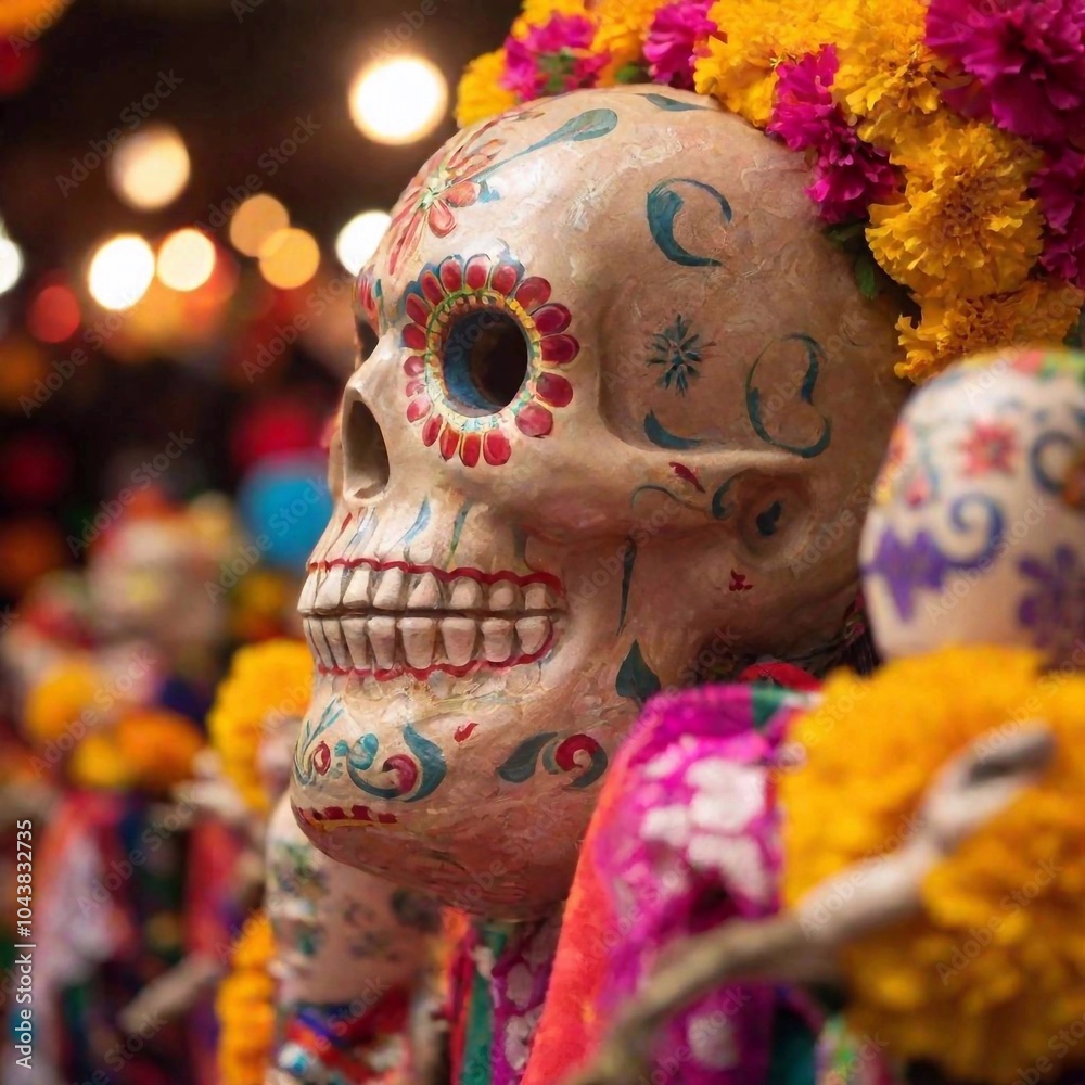 Fototapeta premium extreme macro A lively Dia de los Muertos street scene with stalls selling colorful decorations, including calaveras, papel picado, and marigold wreaths, set against a backdrop of festive lights and