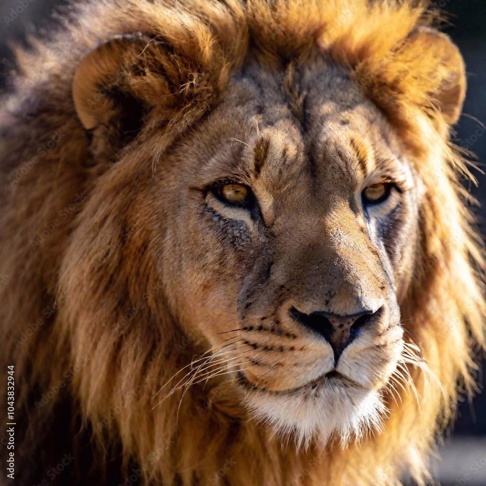 Fototapeta premium A close-up photo of a lion resting with its eyes half-closed, deep focus on its relaxed facial features and mane, eye-level shot capturing a peaceful and contemplative moment