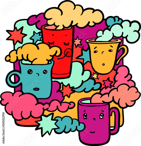 kawaii illustration with smiling mugs and steam clouds