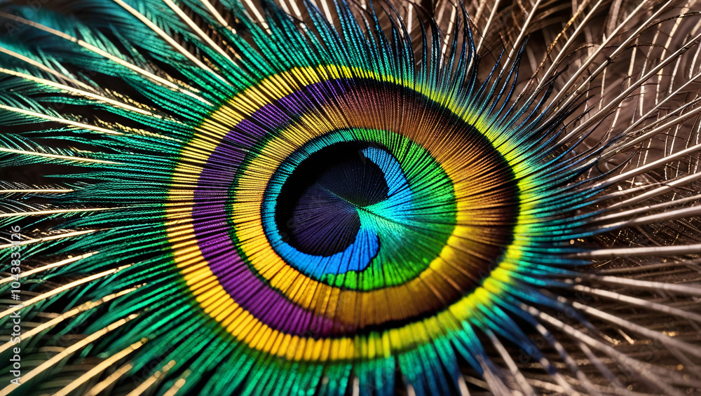 Naklejka premium Close-Up of Peacock Feather An Intricate Display of Vivid Greens, Blues, Purples, and Gold, Featuring a Prominent Eye Pattern and Shimmering Texture that Highlights Its Natural Beauty