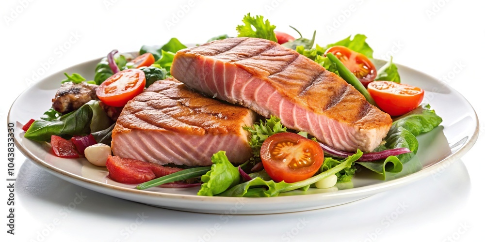 Salad with steak and salmon on white plate with copy space Salad with steak and salmon on white plate with copy space