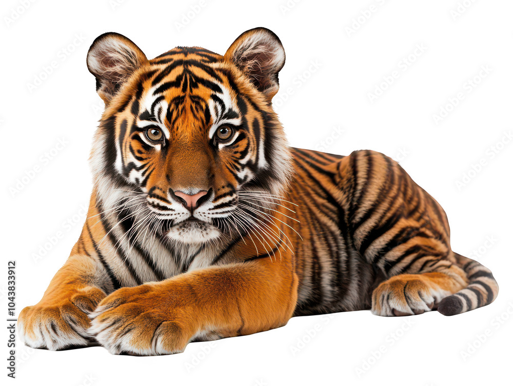 Fototapeta premium Majestic tiger resting with intense gaze and striking orange fur with black stripes.