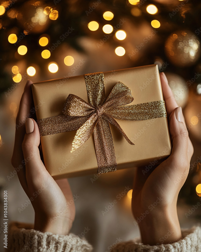 Hands holding a gold gift box with a sparkly ribbon in front of a Christmas tree with lights. Merry Christmas
Hands holding a gold gift box with a sparkly ribbon in front of a Christmas tree with lights. Merry Christmas