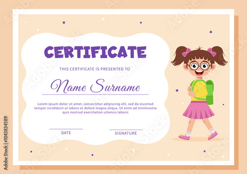 School diploma, certificate template with schoolgirl.