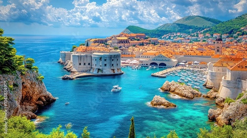 A picturesque coastal city with fortified walls and a vibrant harbor, surrounded by clear blue water and lush green hills under a bright sky. photo