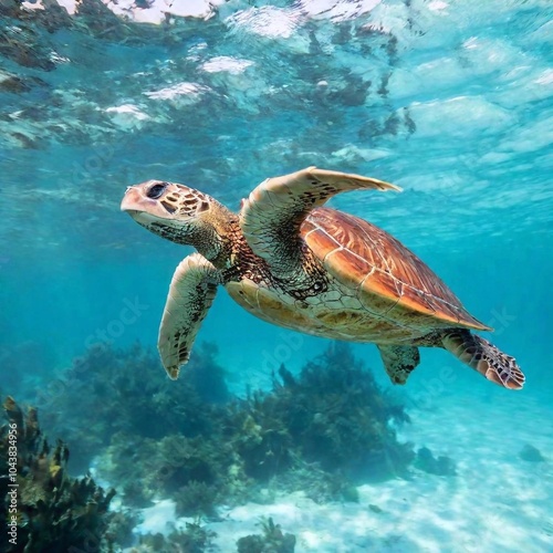 A full shot of a sea turtle swimming near a kelp forest, with rack focus transitioning from the turtle and the kelp in the foreground to the soft, blurred background of the ocean and distant marine photo