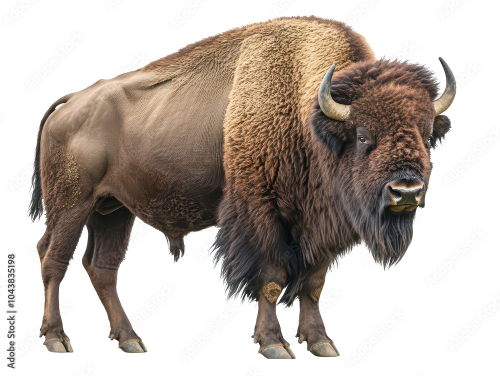 Fototapeta premium Majestic American bison standing against a white background, showcasing its robust form and thick fur.