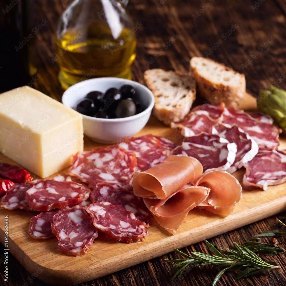 Antipasto Platter: A beautifully arranged photo of an antipasto platter, featuring cured meats, cheeses, olives, roasted peppers, and artichokes, artfully laid out on a wooden cutting board with a Antipasto Platter: A beautifully arranged photo of an antipasto platter, featuring cured meats, cheeses, olives, roasted peppers, and artichokes, artfully laid out on a wooden cutting board with a