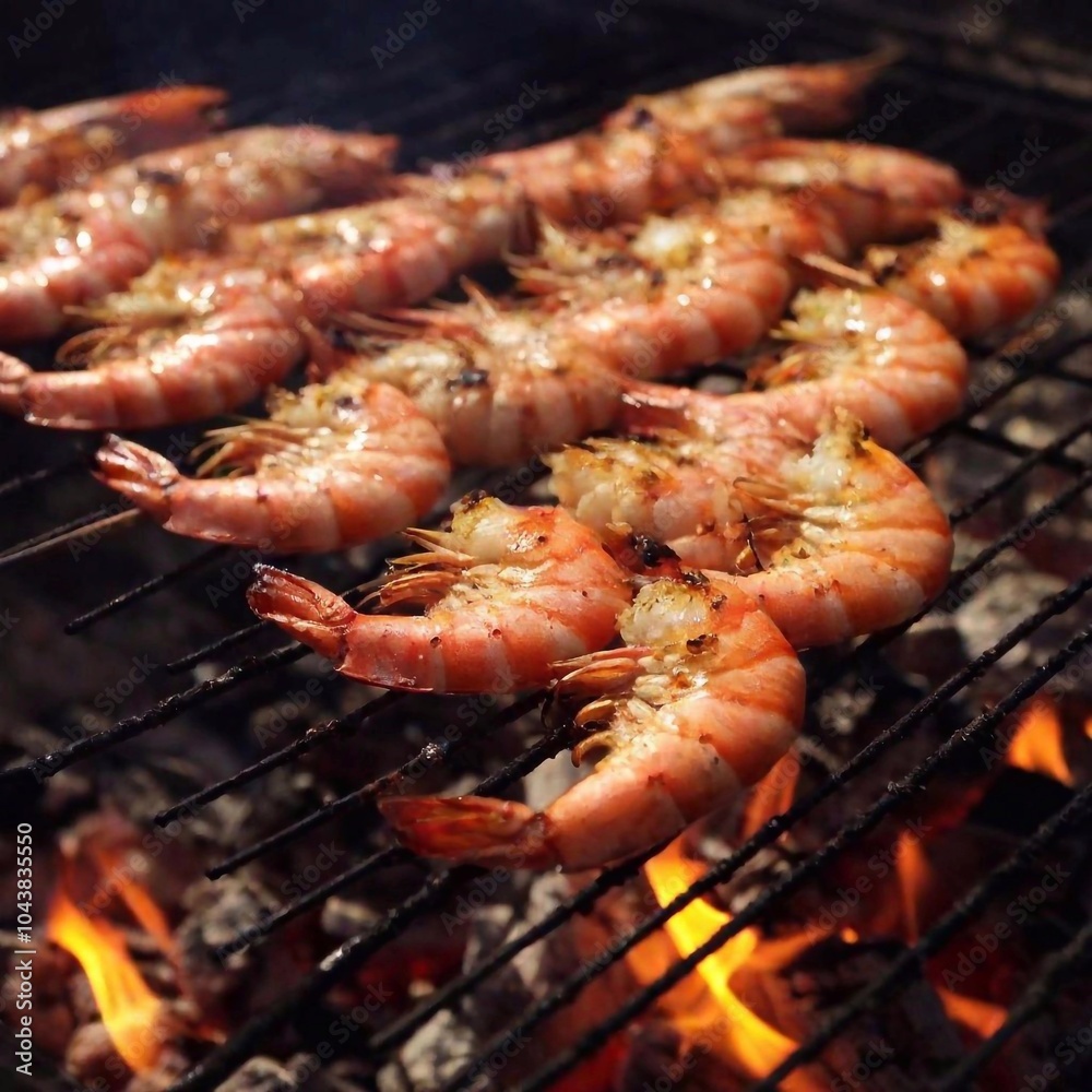 Medium Shot of Grilled Shrimp on Skewers Over Charcoal: A hip-level photo of shrimp skewers grilling over hot coals, with deep focus on the shrimp's pink color and the glowing embers below. Medium Shot of Grilled Shrimp on Skewers Over Charcoal: A hip-level photo of shrimp skewers grilling over hot coals, with deep focus on the shrimp's pink color and the glowing embers below.
