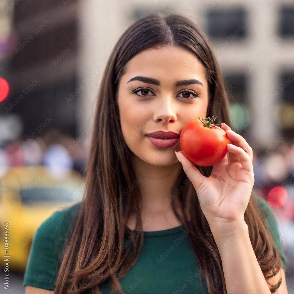 The Anticipation, A close-up shot of a brunette female participant, she holds a ripe tomato, deep focus revealing the crowd and the iconic buildings in the background The Anticipation, A close-up shot of a brunette female participant, she holds a ripe tomato, deep focus revealing the crowd and the iconic buildings in the background