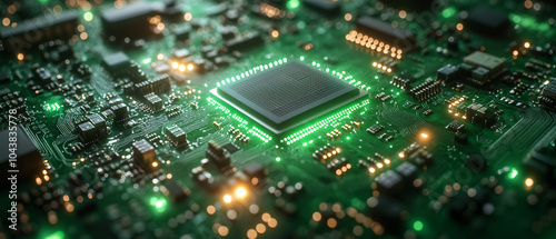 Closeup of a Green Circuit Board with a Glowing Central Processing Unit, Closeup of a Green Circuit Board with a Glowing Central Processi