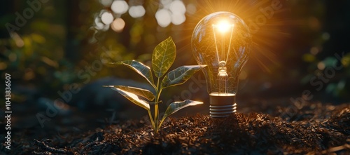 Light bulb against nature on green leaf with energy sources, Sustainability and responsible environmental management, Energy sources for renewable energy, Ecology concept. photo