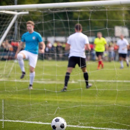 A macro shot of the soccer goal net as the ball hits it, with the focus racking to the blurred background of players reacting. The Dutch angle emphasizes the fast-paced action of the game