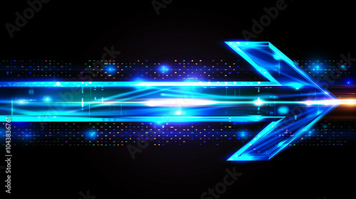 Glowing blue arrow sign on dark background - horizontal poster. Futuristic technology dynamic shining arrow symbol concept banner. Digital painting. AI artwork.   photo