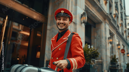 Smiling Hotel Bellhop in Red Uniform Carrying Luggage Outside Luxury Hotel Entrance