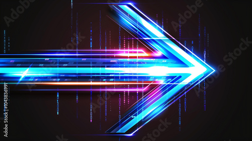 Glowing blue arrow sign on dark background - horizontal poster. Futuristic technology dynamic shining arrow symbol concept banner. Digital painting. AI artwork.   photo