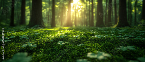 Sunbeams Through Forest Trees Shining On Lush Green Moss