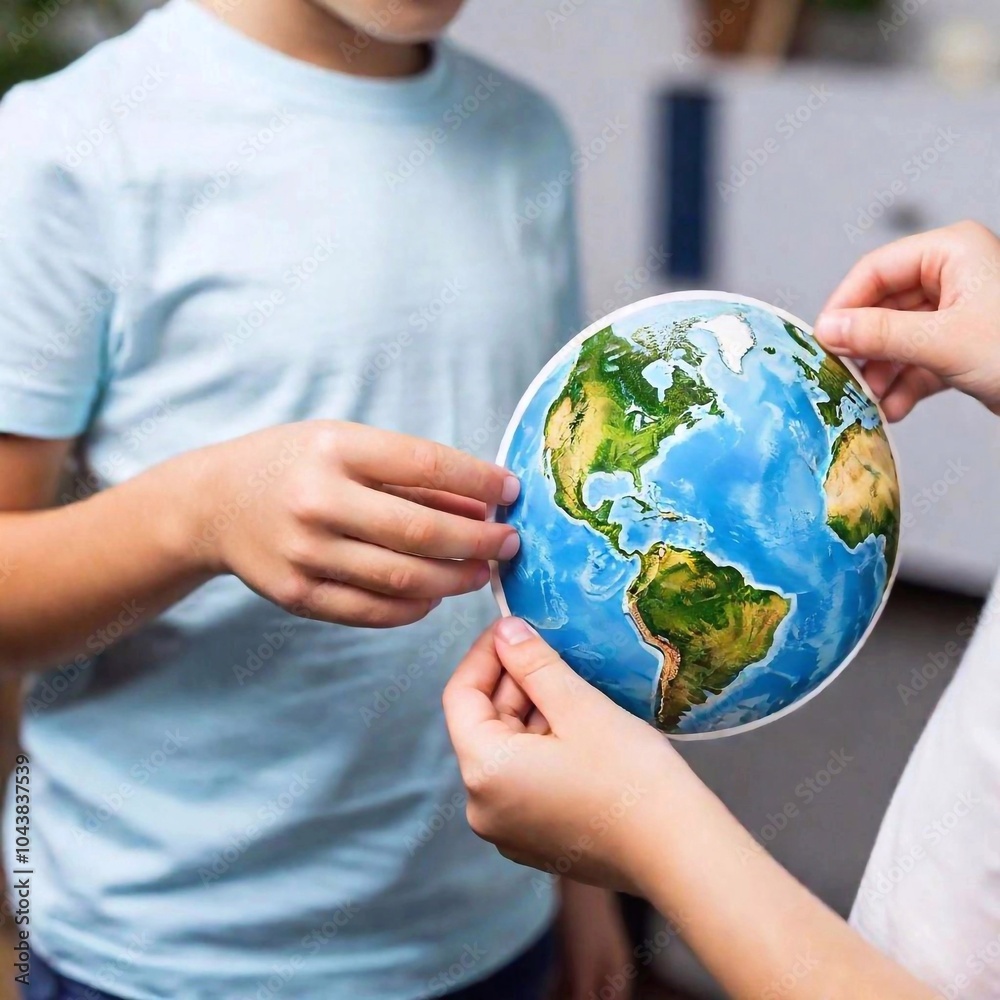 extreme macro shot of small kids holding handmade postcard with a picture of earth Planet, earth day concept, without any text extreme macro shot of small kids holding handmade postcard with a picture of earth Planet, earth day concept, without any text
