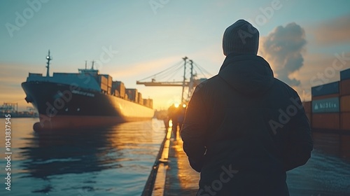 Person observing a cargo ship at sunset by the docks. photo