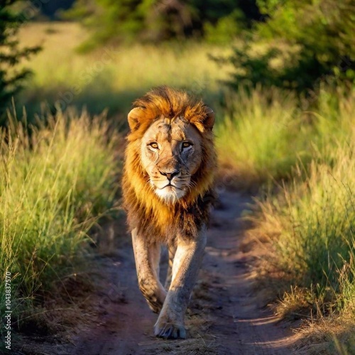 A macro photo of a lion crossing a sunlit savanna, deep focus on its silhouette against the bright background, high-angle shot capturing its full body, emphasizing its majestic stride and commanding