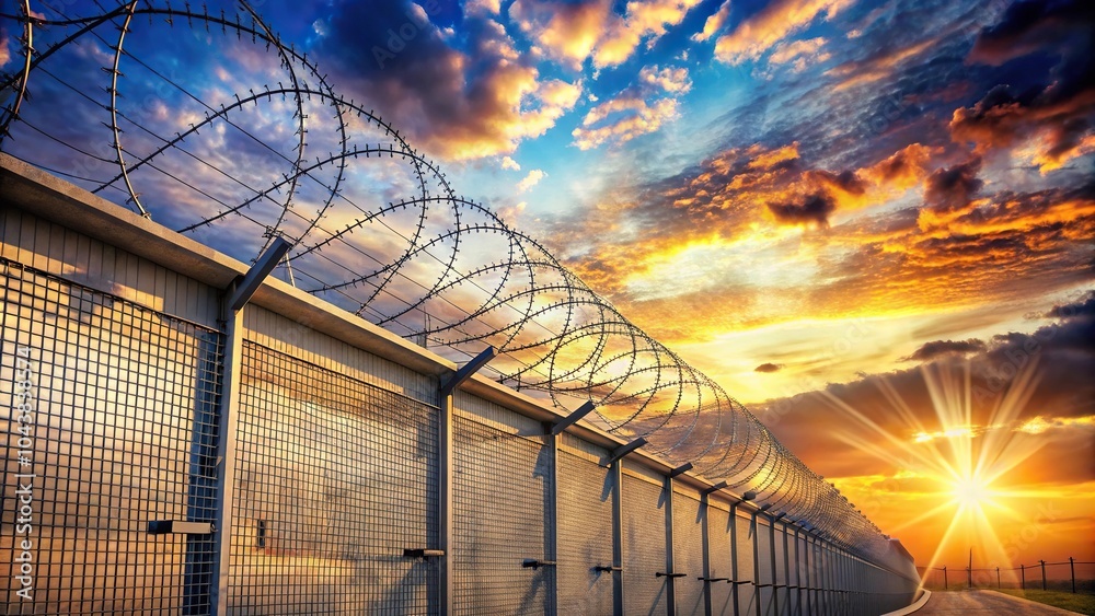 Fototapeta premium Prison yard with barbed wire and bright sky, asymmetrical