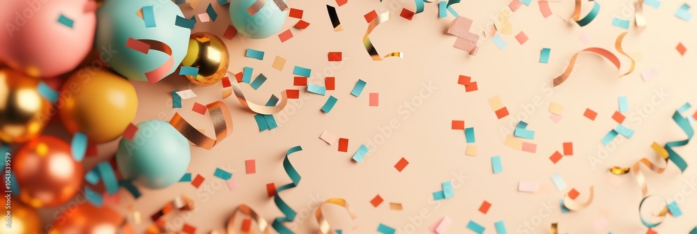 Festive confetti celebration with colorful balloons and ribbon on a neutral background Festive confetti celebration with colorful balloons and ribbon on a neutral background