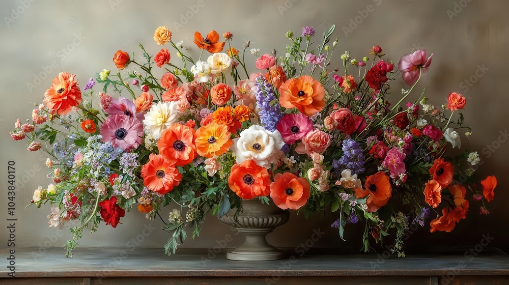 Fototapeta premium fine art still life composition featuring an arrangement of colorful flowers showcasing vibrant colors and intricate details against a soft backdrop