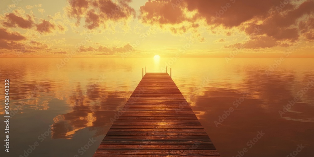 Naklejka premium Wooden pier stretching into a tranquil misty lake surrounded by fog-covered mountains at dawn
