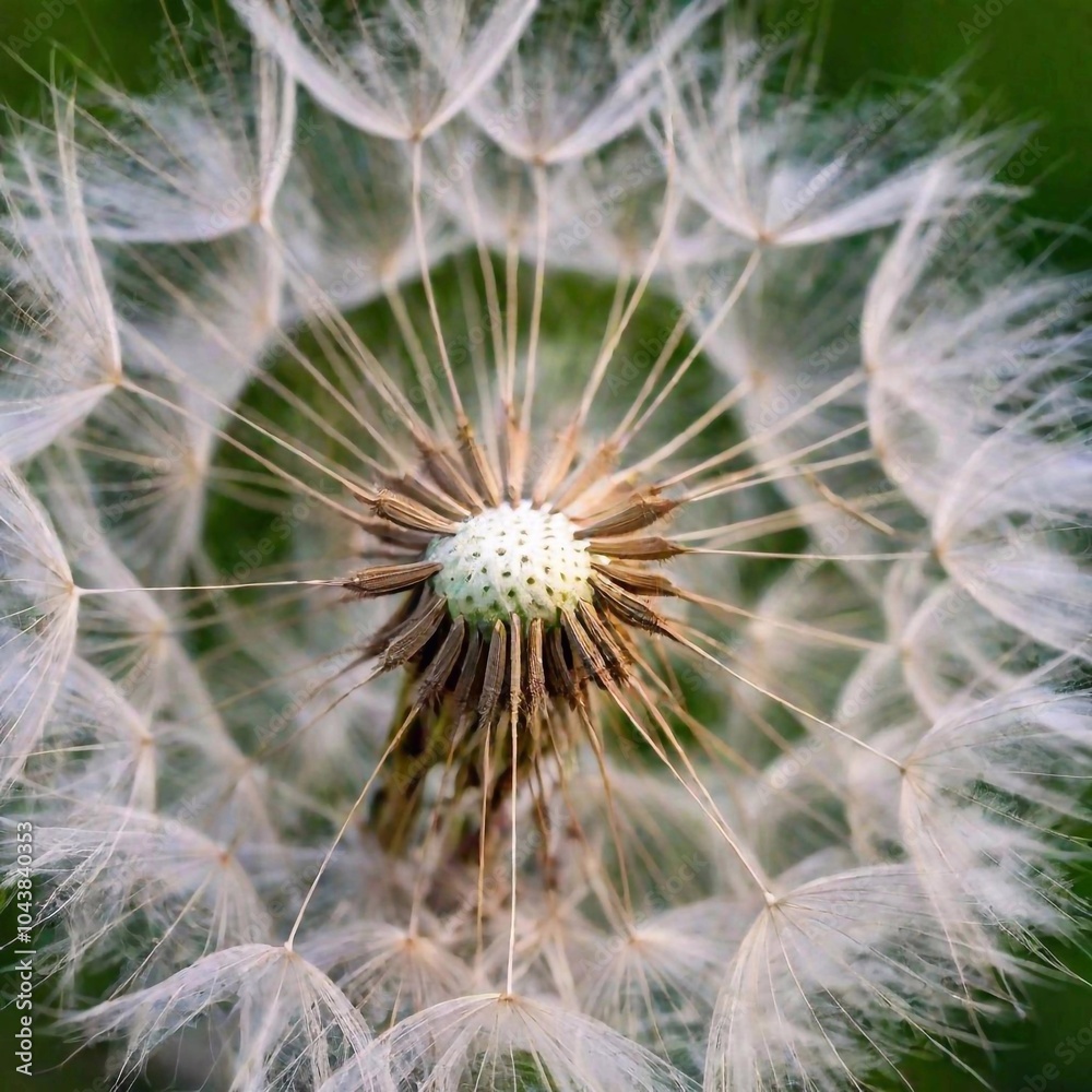 Fototapeta premium an extreme macro shot of a dandelion seed pod, capturing the detailed structure of the individual seeds, the delicate, wispy filaments, and the slightly curved, transparent surface of each seed