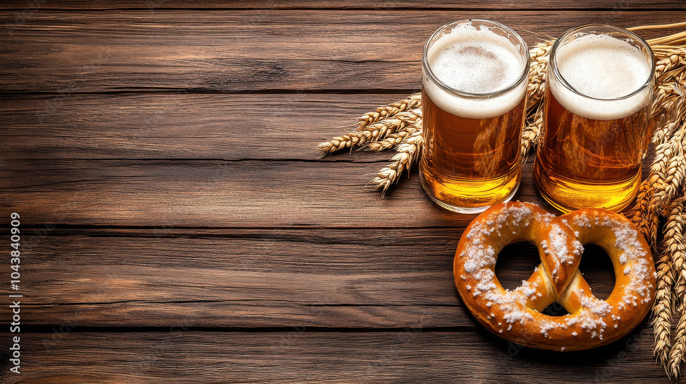 Enjoying freshly brewed beer with a soft pretzel on a rustic wooden table adorned with wheat stalks in a cozy setting perfect for relaxation Enjoying freshly brewed beer with a soft pretzel on a rustic wooden table adorned with wheat stalks in a cozy setting perfect for relaxation