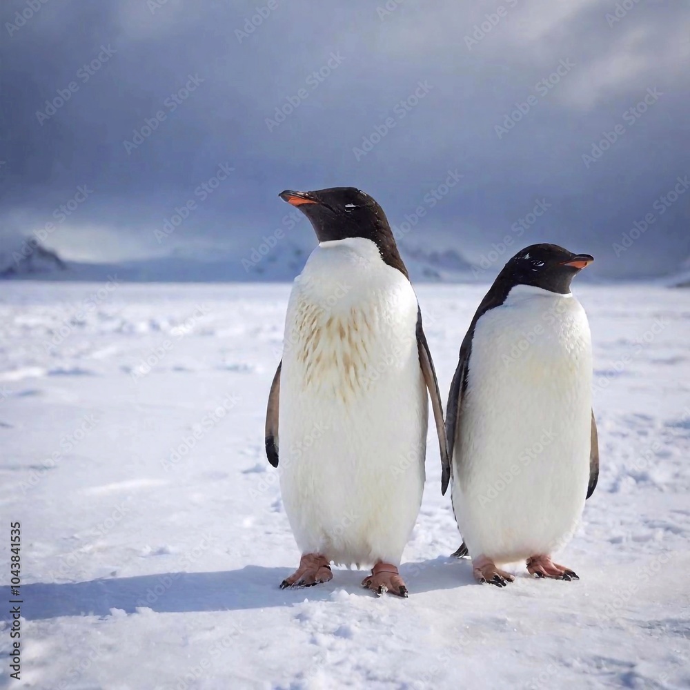 Obraz premium A medium shot of a family of penguins huddled together on an icy landscape, with rack focus highlighting the closest penguin's details while the others and the icy backdrop are gently blurred