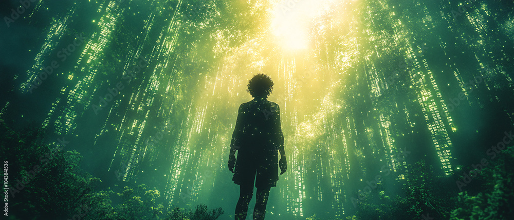Fototapeta premium Silhouette of a Person Standing in a Green and Yellow Digital Forest, Silhouette of a Person Standing in a Green and Yellow Digital Fo