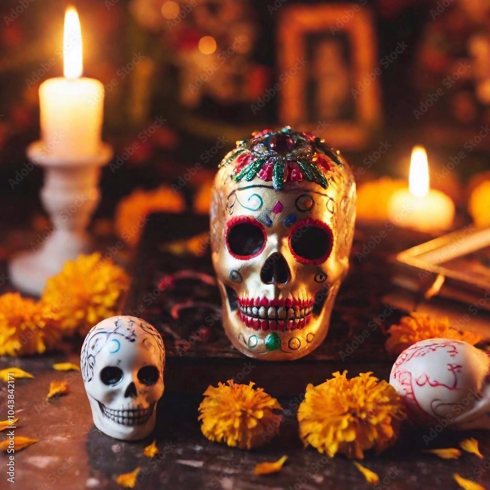 Extreme close up A Dia de los Muertos altar glowing with candlelight, adorned with photos, sugar skulls, and offerings, all surrounded by a sea of marigold flowers, capturing the warmth and reverence Extreme close up A Dia de los Muertos altar glowing with candlelight, adorned with photos, sugar skulls, and offerings, all surrounded by a sea of marigold flowers, capturing the warmth and reverence