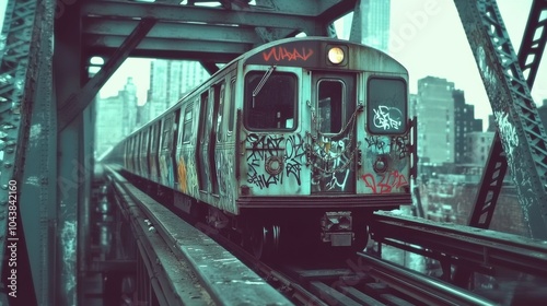  a cinematic scene of a 1970s graffiti New York subway train on a bridge. 