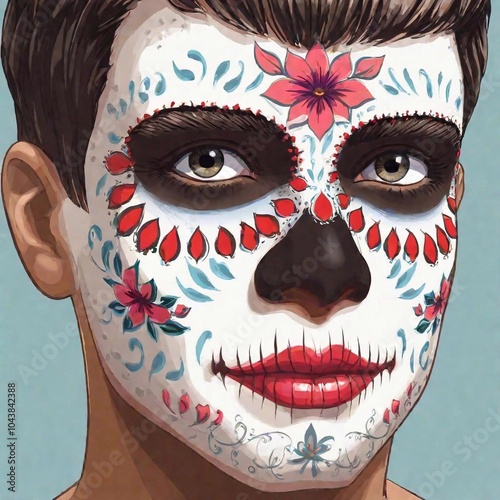 vector art, close-up photo of a young Latino man with sugar skull face paint, taken at eye level with shallow focus, highlighting the contrast between his skin tone and the vibrant paint photo