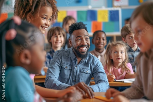Engaging classroom moment with a diverse group of children and a smiling teacher at a school activity during daytime